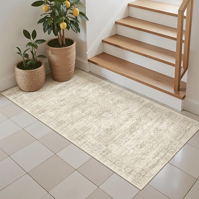 Soalmost 2x4 Washable Rugs for Kitchen, Floor, Entryway, Powder Room Small Area Rug Non-Slip Vintage Low Pile Throw Door Mat Beige