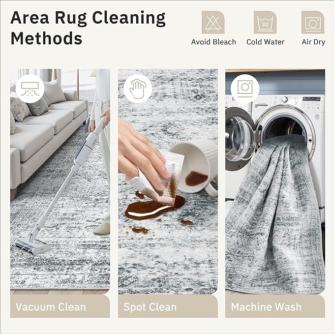 Soalmost Area Rug 10x12 Vintage Washable Living Room Large Gray Carpet Non Slip Bedroom Indoor Office Dining Room Low Pile Thin Rug Grey