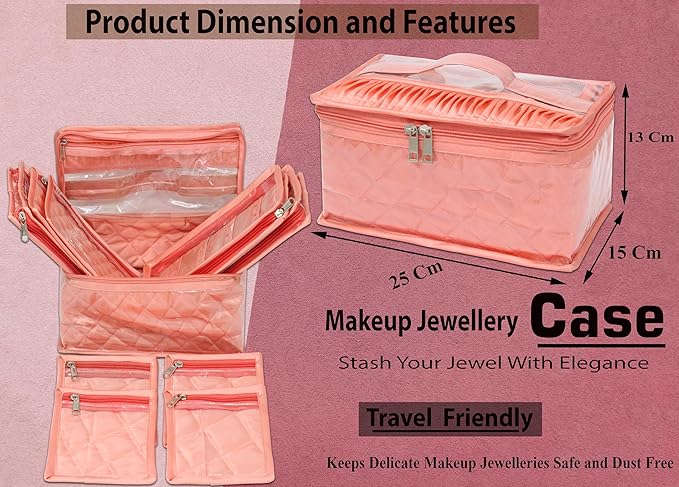 atorakushon Satin Transparent Makeup Pouches Case Cosmetic Necklace Earrings Jewellery Box Travel Organizer For Women Peach with 10 Pouch