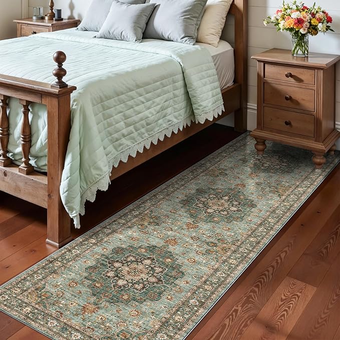 TOPRUUG Green Entryway 2x8 Rug - Washable Area Rugs for Hallway Kitchen Bathroom Non-Slip Ultra-Thin Indoor Door Mat - Stain Resistant Small Throw Carpet (Green, 2X8)