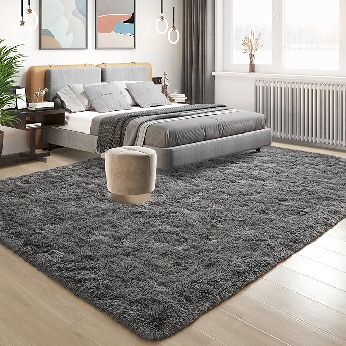 Tepook Fluffy Large Rugs for Living Room, 8x10 Area Rugs for Bedroom, Modern Shag Fuzzy Carpets for Kids Boys Girls, Plush Indoor Nursery Home Decor Rug with Non-Slip Bottom, Dark Grey