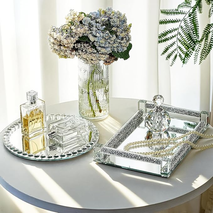 kanpura Crystal Perfume Tray Mirror Glass Makeup Vanity Organizer Jewelry Trinket Display Mirrored Decorative Tray for Bathroom Bedroom, Home Decor, Hotel Banquet, Party(Round 10 inch) (Silver)