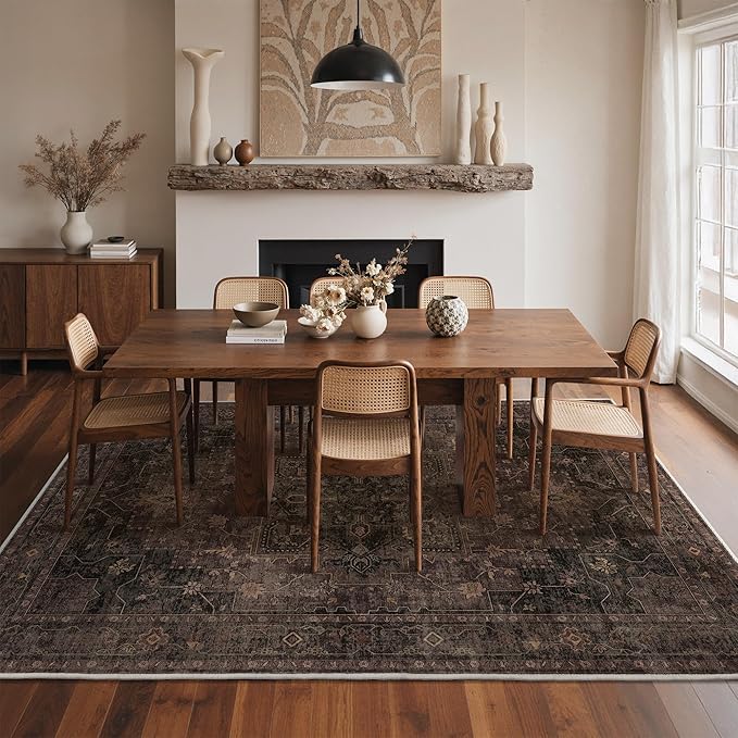 GENIMO 9x12 Area Rugs for Living Room, Machine Washable Rug, Non Slip Indoor Vintage Rug, Low Pile Lightweight Chenille Print Carpet for Bedroom Dining Room Home Office, Charcoal Brown