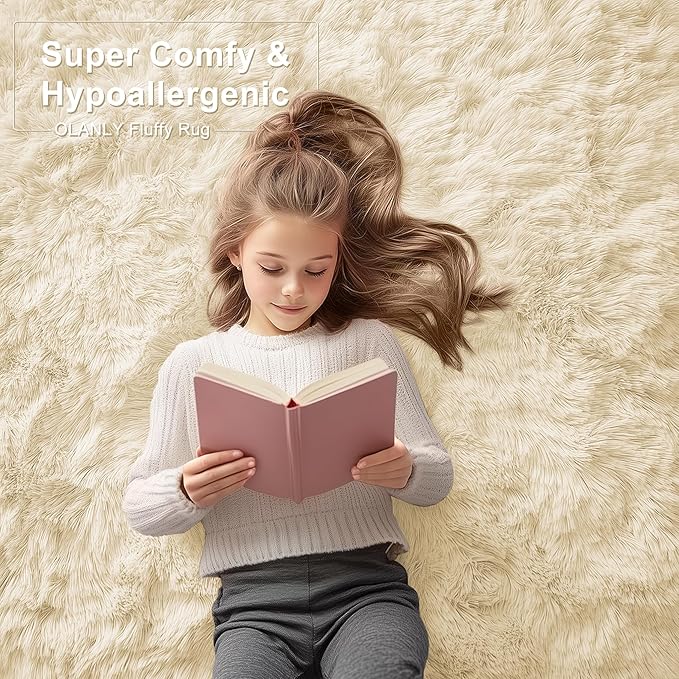 OLANLY 9x12 Machine Washable Large Area Rugs for Living Room, Bedroom, Soft Fluffy Shaggy Bedside Rug, Indoor Floor Carpet for Kids Girls and Boys, Dorms, Nursery, Home Decor Aesthetic, Cream