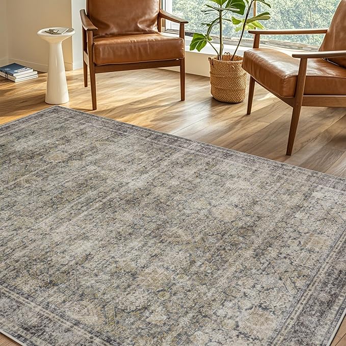 Srugn Washable Rugs 8x10 Area Rugs for Living Room,Bedroom and Dining Room-Large Ultra Soft Faux Wool Retro Carpets,Non Slip&Non-Shedding Low Pile Vintage Print Home Office Rug-Brass Green-Brown-Olive