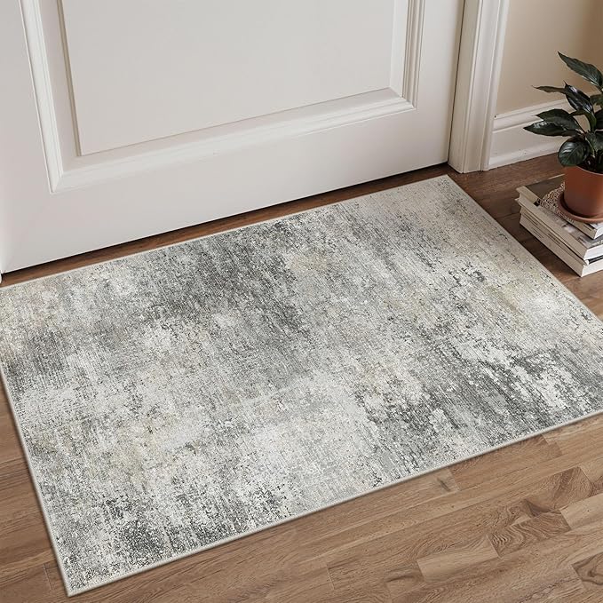 GENIMO 2x3 Rugs for Entryway Entrance, Modern Machine Washable Rug Ultra Soft Indoor Area Rugs 2x3 for Bedroom Kitchen Bathroom, Lightweight Low Pile Carpet with Non Slip Backing, Mist Grey