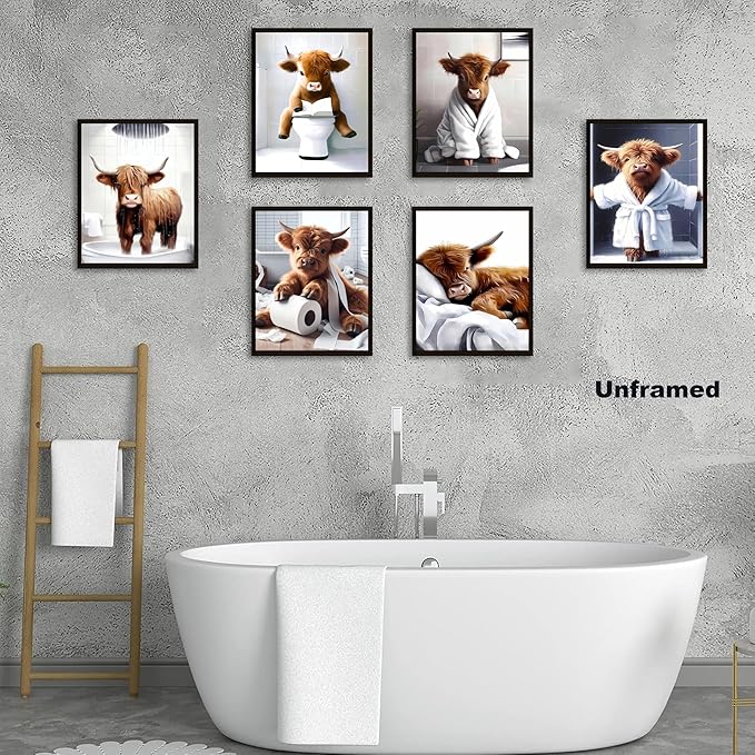 SEHSUVC Funny Bathroom Cow Posters Wall Art Set of 9, Vintage Brown Highland Cow Canvas Prints Pictures, Art Animal Restroom Wall Decor for Bathroom Bedroom Babyroom Decoration 8x10In Unframed