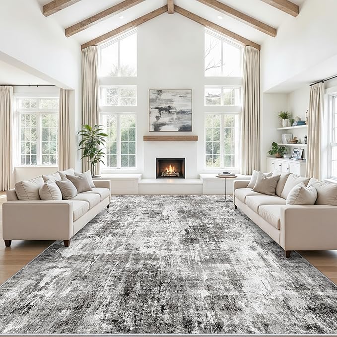 12x18 ft Extra Large Living Room Rug – Washable Modern Abstract Neutral Oversize Rugs for Bedroom,Dining Room,Family Room – Non-Slip Low-Pile Thin Stain-Resistant Carpet (Grey)