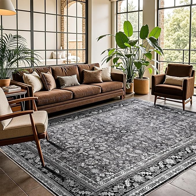 OPPODREAM Vintage Black Area Rugs 10x14, 10 x 14 Retro Washable Rug Non Slip, Low-Pile Faux Wool Carpet, Distressed Floor Mat for Living Room, Bedroom, Office, Dorm, Dinning Room, Big & Large