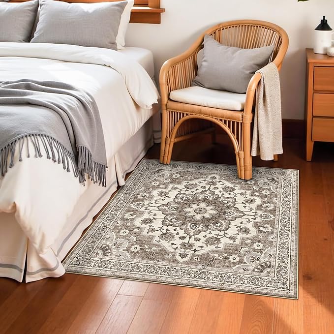 TOPRUUG Beige Washable Entry Rug - 3x3 Area Rugs for Kitchen Bedroom Bedside Bathroom Entryway Non Slip with Rubber Backing Low Pile Ultra Soft Stain Resistant Small Carpet (Beige, 3x3)
