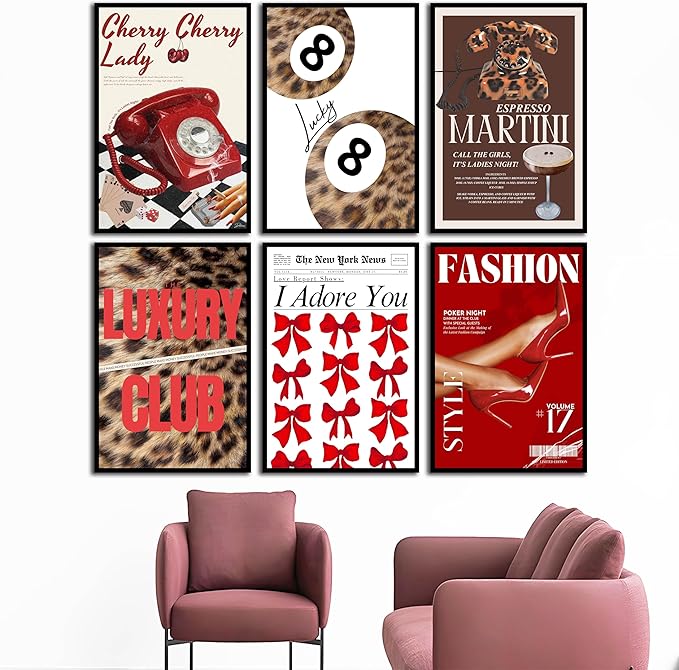 ZxXzkwpP Pink Cheetah Print Room Decor Poster, Trendy Red Fashion Leopard Print Wall Art Aesthetic Lucky 8 Ball Poster Coquette Preppy Y2k Red Funky Art For Bedroom (16x24x6 Unframed)