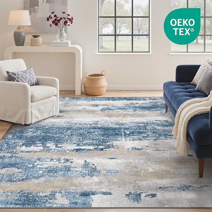 GENIMO No Crease Non Slip 8x10 Area Rugs for Living Room, Craft Woven Modern Rug, Soft Floor Carpet, Single-Piece Rugs for Bedroom, Dining Room, Office, Blue