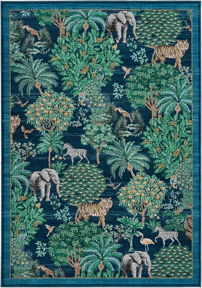 GarveeHome Jungle Animal Print Rug 6x9 Washable Area Rugs for Living Room, Forest Rug Non Slip Low Pile Stain Resistance Large Throw Carpet for Bedroom Dining Room Kids Playroom Nursery, Blue