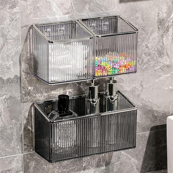 TXLFRO Pulreiush Floating Shelves Wall Bin Organizer Adhesive Wall Mounted Plastic Storage Organizer No Drilling Hanging Storage Containers Makeup Organizer Shelf for Office, Kitchen, Home