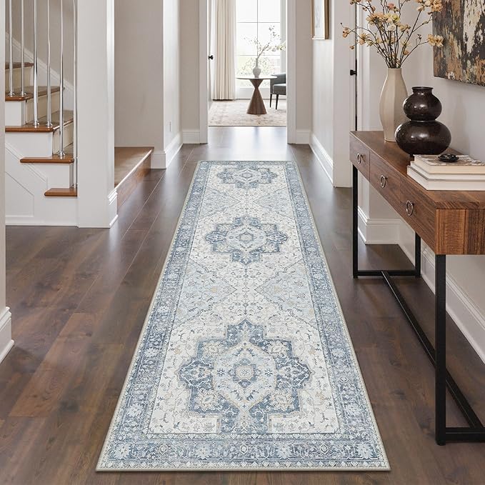 GENIMO Runner Rug 2'x7' Machine Washable Non Slip Vintage Hallway Runner Rug, Low Pile Lightweight Rugs for Indoor Entryway, Hallway, Kitchen and Corridor, Light Blue Beige