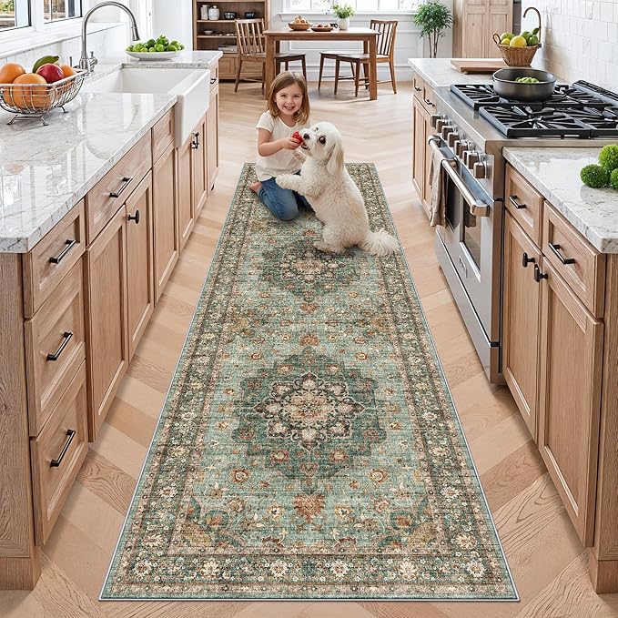 TOPRUUG Green Entryway 2x8 Rug - Washable Area Rugs for Hallway Kitchen Bathroom Non-Slip Ultra-Thin Indoor Door Mat - Stain Resistant Small Throw Carpet (Green, 2X8)