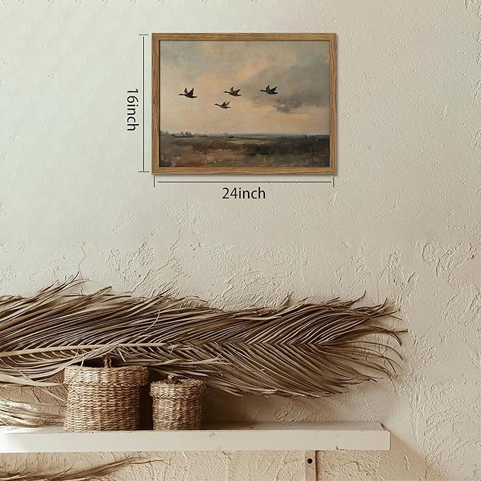 Framed Flying Ducks Canvas Wall Art, Rustic Countryside Landscape Painting, Vintage Birds Poster Print, Modern Farmhouse Ducks Wall Decor for Living Room Bedroom – 16x24 inch