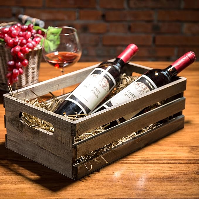 MyGift Rustic Brown Wood Decorative Storage Boxes with Cutout Handles - Country Style Nesting Crates, Open Top Pallet Design Bins, Set of 2