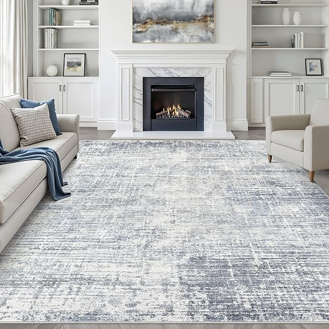9x12 Area Rug Living Room: Washable Large Neutral Blue Rugs Abstract Soft Modern Stain Resistant Indoor Floor Non-Slip Carpet for Bedroom Nursery Kids Office Playroom Dining Room Under Table Home