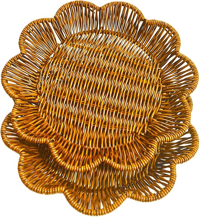 2 Pack Natural Rattan Flower Shaped Storage Bowl 11" Hand Woven Basket Tray for Bread Fruit Key Round Kitchen Entryway Tabletop Decorative