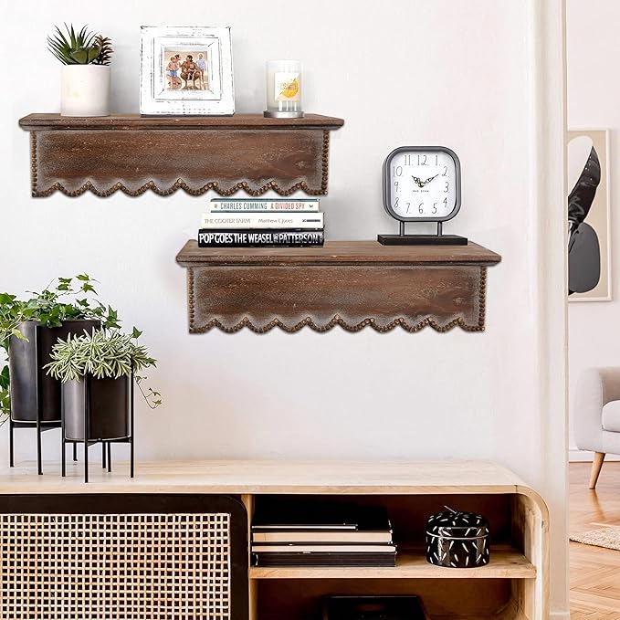 SOFE Wood Scalloped Decorative Wall Shelf, Bedroom Bathroom Kitchen Shelving Wall Mounted Heavy Duty, Farmhouse Floating Storage Shelves Small Hanging Shelves Display Book Picture Ledge Shelf