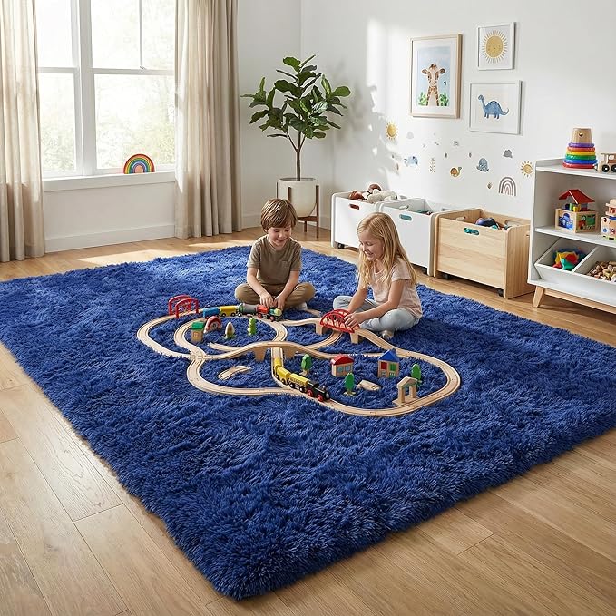 Large Area Rugs for Living Room, 7x10 Soft Fluffy Shaggy Rug, Machine Washable Non-Slip Plush Fuzzy Indoor Carpet, Aesthetic Home Decor for Bedroom,Kids Room,Nursery,Dorm, Dusty Blue