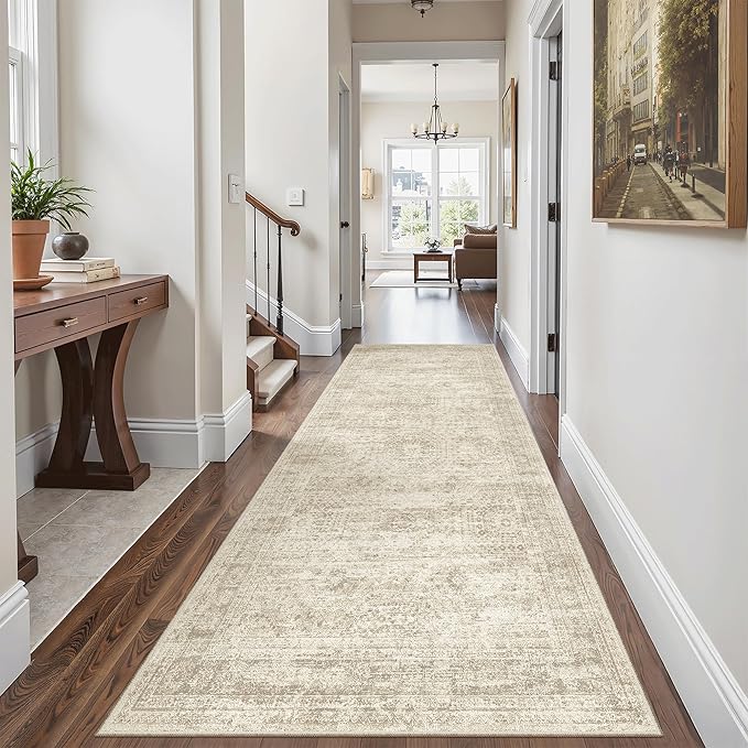 Soalmost Runner Rug 3x6 Washable Non-Slip Kitchen Runner Rugs for Bathroom Laundry Room Beige Vintage Floor Carpet Runners for Hallway Entryway