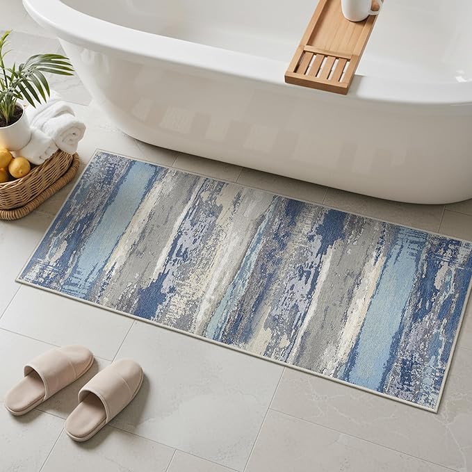 GENIMO 2X5 Washable Modern Runner Rug for Hallway, Non-Slip Low Pile Chenille Print Rug, Soft Rugs for Indoor Entryway Kitchen Corridor, Indigo Drift