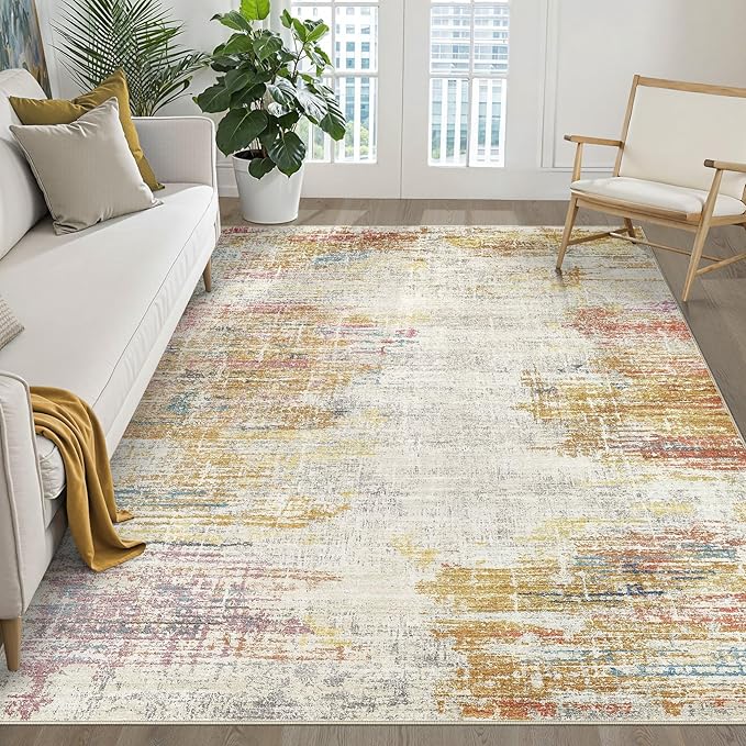5x7 Area Rugs Living Room: Washable Large Neutral Rug Abstract Soft Modern Stain Resistant Indoor Floor Non-Slip Carpet for Bedroom Nursery Kids Classroom Playroom Dining Room Office- Gold Colorful