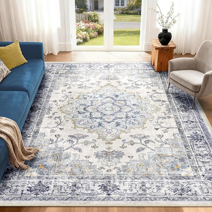 CAPALOCA Machine Washable Rugs Nursery Rug 3x5 Cute Girl Non Slip Low Pile Water Repellent Soft Print Pattern for Bedroom Indoor Decor Kids Playroom Blue White