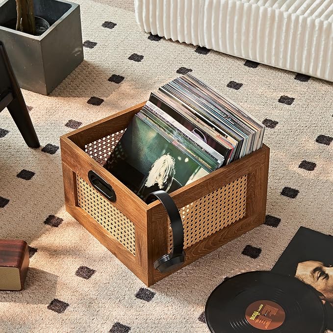 LELELINKY Vinyl Record Storage Crate, Rattan Vinyl Record Holder with Handle, Wood Record Crate for Vinyls Holder up to 75 LP's, Desktop Cube Album Storage for Vinyls Records(Tea Brown)