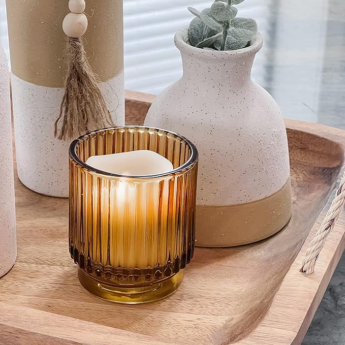 Kate Aspen Vintage Glass Tealight & Amber Votive Candle Holders (Set of 6) Rustic Fluted Candle Holder Set, Boho Home Decor, Wedding Table Centerpieces, Farmhouse Kitchen Table Decor