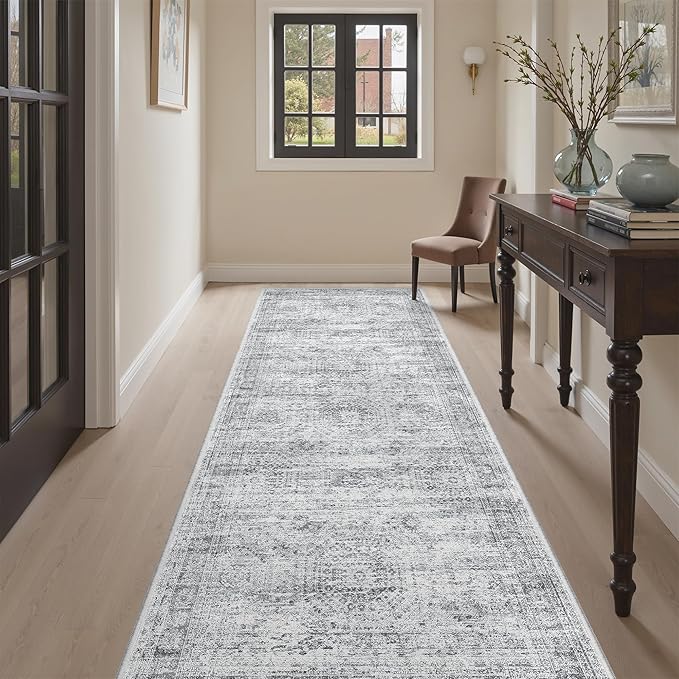Soalmost Runner Rug 3x8 Washable Non-Slip Hallway Runner Rugs for Kitchen Bathroom Laundry Room Grey Vintage Floor Carpet Runners for Hallways Entryway
