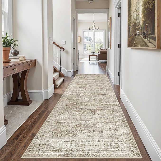 Soalmost Runner Rug 3x6 Washable Non-Slip Kitchen Runner Rugs for Bathroom Laundry Room Brown Vintage Floor Carpet Runners for Hallway Entryway