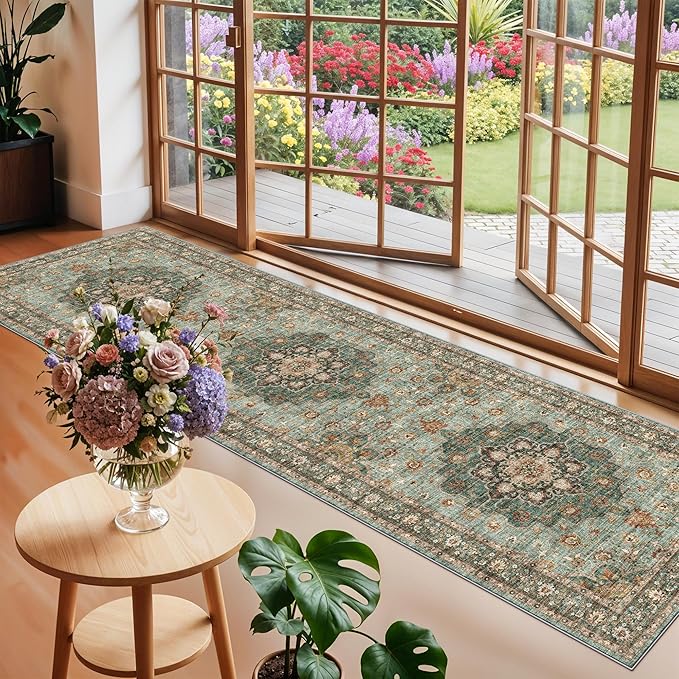 TOPRUUG Green Entryway 2x8 Rug - Washable Area Rugs for Hallway Kitchen Bathroom Non-Slip Ultra-Thin Indoor Door Mat - Stain Resistant Small Throw Carpet (Green, 2X8)