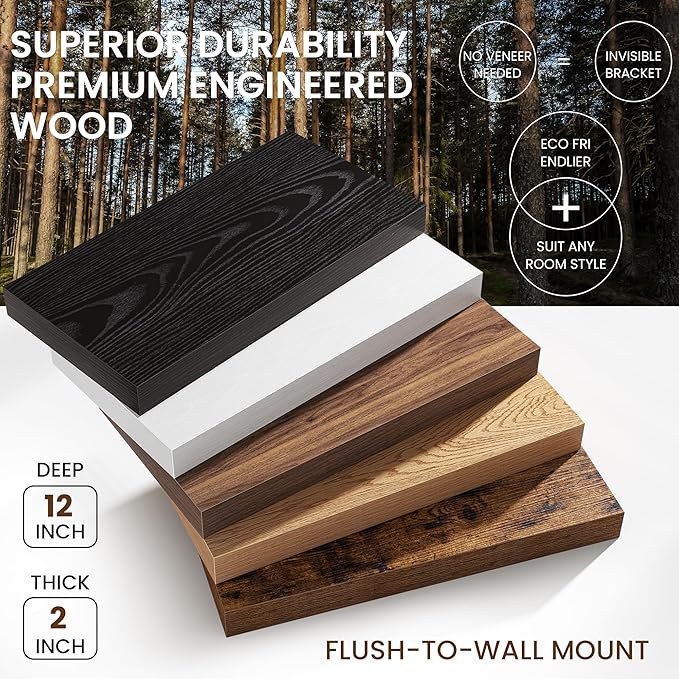 Fun Memories 12 Inch Deep White Floating Shelf, 24 x 12 Rustic Wood Wall Shelf for Books, 2" Thick Deep Floating Shelf for Storage & Display in Kitchen, Living Room, Bedroom, 2 Packs