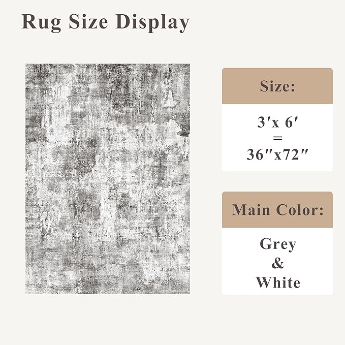 3x6 Washable Wide Runner Rug – Non-Slip Floor Carpet Runner for Kitchen Entryway Hallway Bathroom, Modern Abstract Low Pile Thin Area Rug (Grey)
