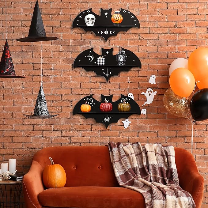 Geetery 3 Pcs Bat Shelf Gothic Decor Witchy Crystal Shelf Spooky Coffin Wall Hanging with Hooks Floating Black Wooden Room Decor for Crystal Keys
