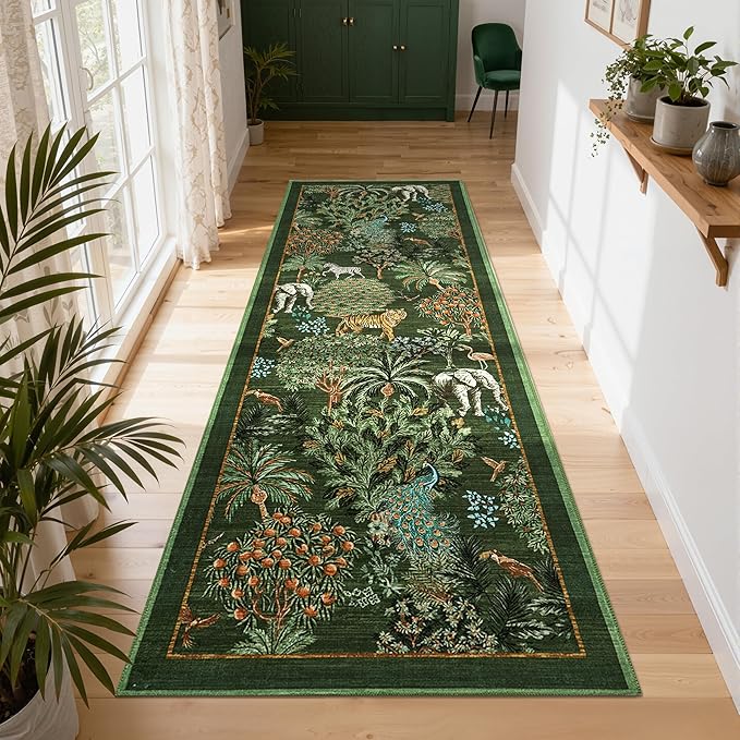GarveeHome Jungle Rug 2.5x10 Kitchen Runner Rug Non Slip Washable Runners for Hallways, Animal Print Runner Rugs with Rubber Backing Low-Pile Forest Long Carpet for Bedroom Entryway, Dark Green