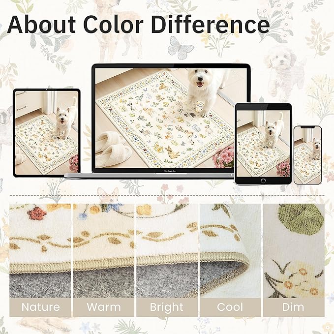 Soalmost Dog 6x9 Area Rugs for Living Room, Machine Washable Animal Floral Vintage Rug Non-Slip Low Pile Soft Throw Rugs for Bedroom Dining Room Kitchen Nursery Playroom (6 x 9,Beige)
