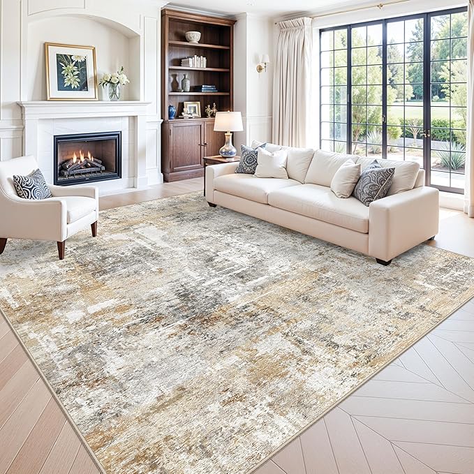 12x12ft Square Living Room Rug – Non-Slip Washable Extra Large Floor Carpet for Bedroom, Dining Room, Playroom Room – Modern Abstract Neutral Thin Low-Pile Big Indoor Rug (Gold Grey)