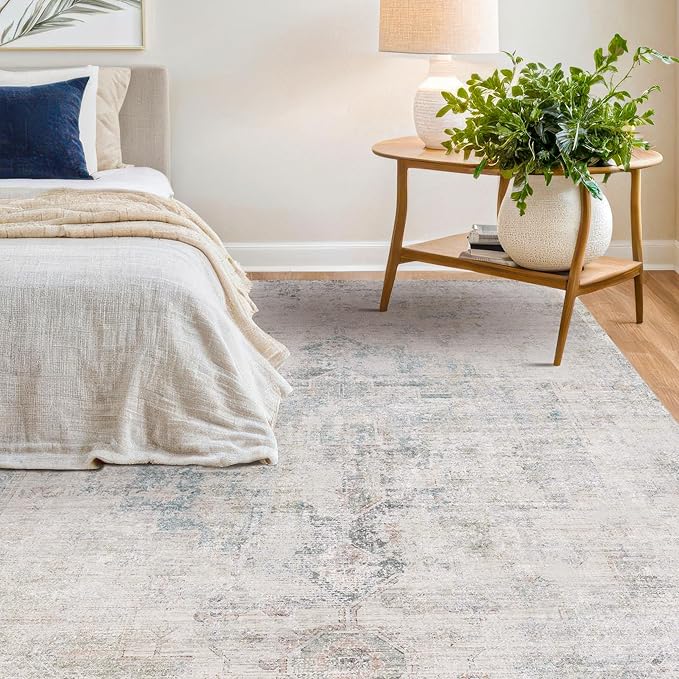Hazo Haus Light Blue Area Rugs 8x12 for Living Room - Abstract Medallion Blue Gray Rug for Bedroom, Dining Room Under Table, Washable Non Slip, Fade & Stain Resistance