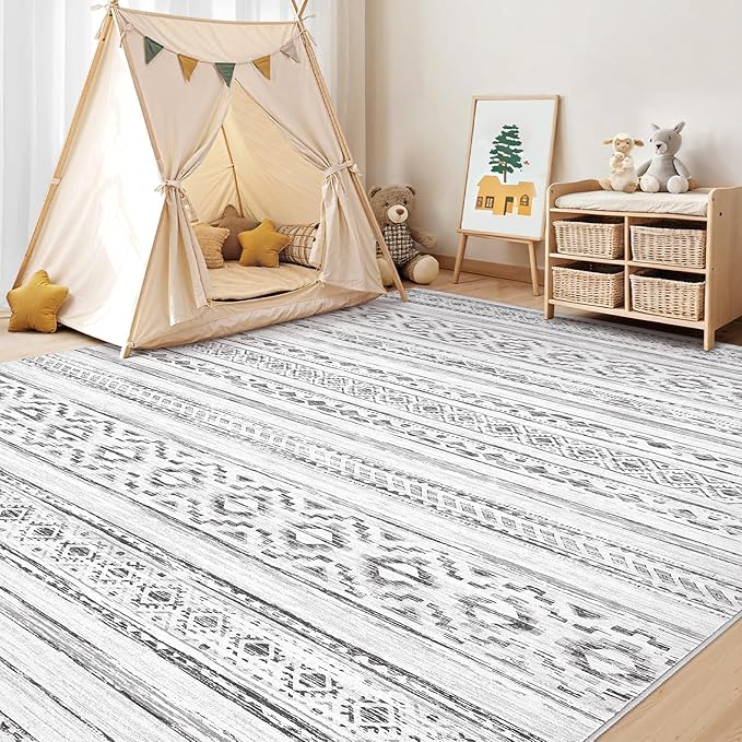 cotiled 8x10 Area Rug Living Room: Washable Boho Rugs with Non Slip Backing Large Soft Indoor Stain Resistant Carpet for Bedroom Farmhouse Dining Room Lightweight Home Decor Cream Grey