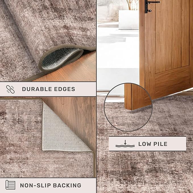 Hazo Haus Rustic Brown Abstract 5x7 Rug for Living Room - Office Rug for Home Office, Bedroom, Taupe with Red Accent, Washable, Non Slip & Soft, Medallion Indoor Décor
