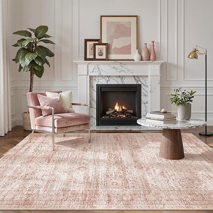 Soalmost 5x7 Area Rugs Pink Low Pile Indoor Washable Trendy Faded Style Rugs for Bedroom Living Room Dining Room Foldable Non-Slip Thin Print Mat
