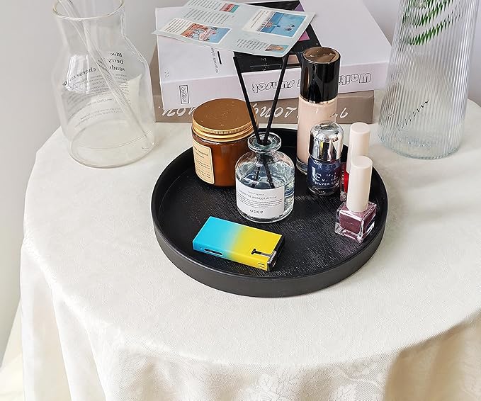 Round Black Tray (8 Inch) - Heavy Duty Bathroom & Kitchen Decor Tray | Versatile Vanity, Coffee Table, Serving Tray | Farmhouse & Modern Countertop Organizer