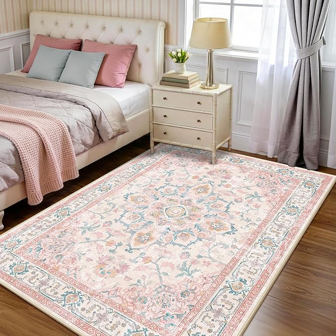 CAPALOCA Machine Washable Rugs Nursery Rug 4x6 Cute Girl Non Slip Low Pile Water Repellent Soft Print Pattern for Bedroom Indoor Decor Kids Playroom Pink Teal