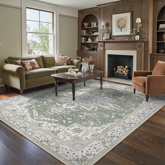 GENIMO 3X5 Washable Vintage Area Rugs for Living Room, Non-Slip Low Pile Chenille Print Rug, Soft Rugs for Bedroom Dining Room Home Office, Sage & Linen