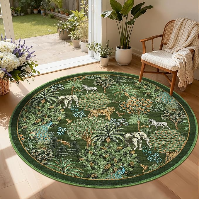 GarveeHome Jungle Round Washable Rugs 6ft Non-Slip Soft Round Rug for Kids Room, Forest Animal Print Tiger Circle Carpet for Bedroom Entryway Playroom Nursery, Dark Green