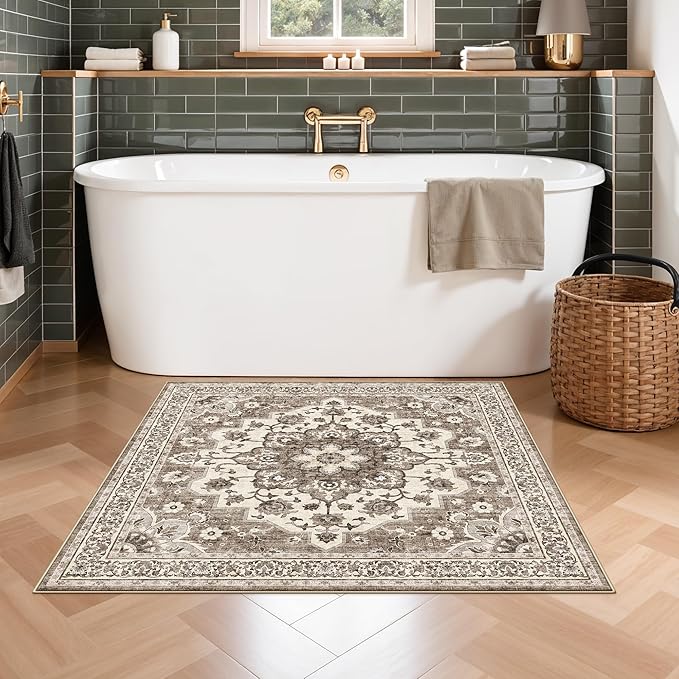 TOPRUUG Beige Washable Entry Rug - 3x3 Area Rugs for Kitchen Bedroom Bedside Bathroom Entryway Non Slip with Rubber Backing Low Pile Ultra Soft Stain Resistant Small Carpet (Beige, 3x3)